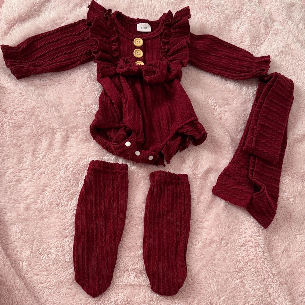 Burgundy Ruffle Baby Romper Set